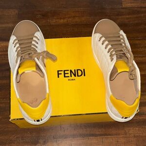 Fendi Cream and Brown Sneakers with Yellow Accents
